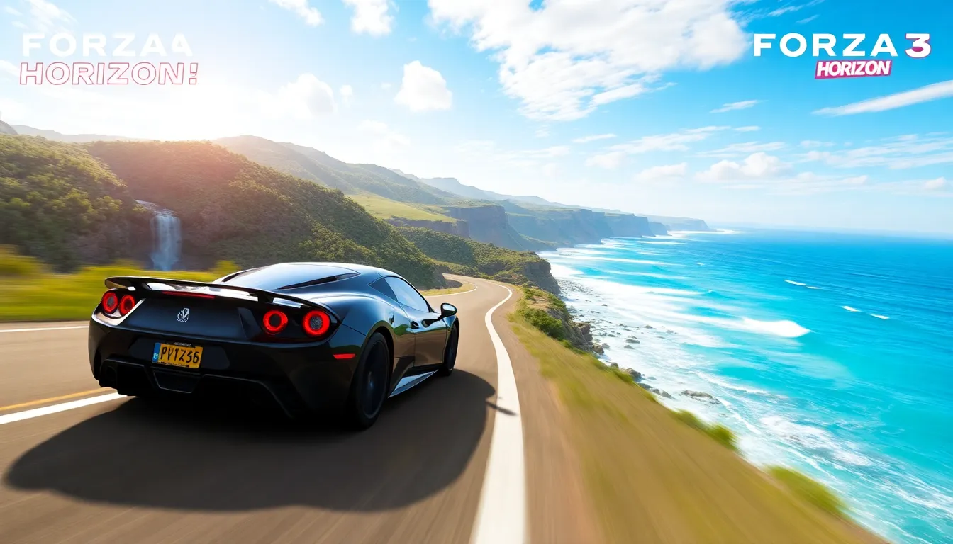 sports car racing along the stunning Forza Horizon 3 landscape.