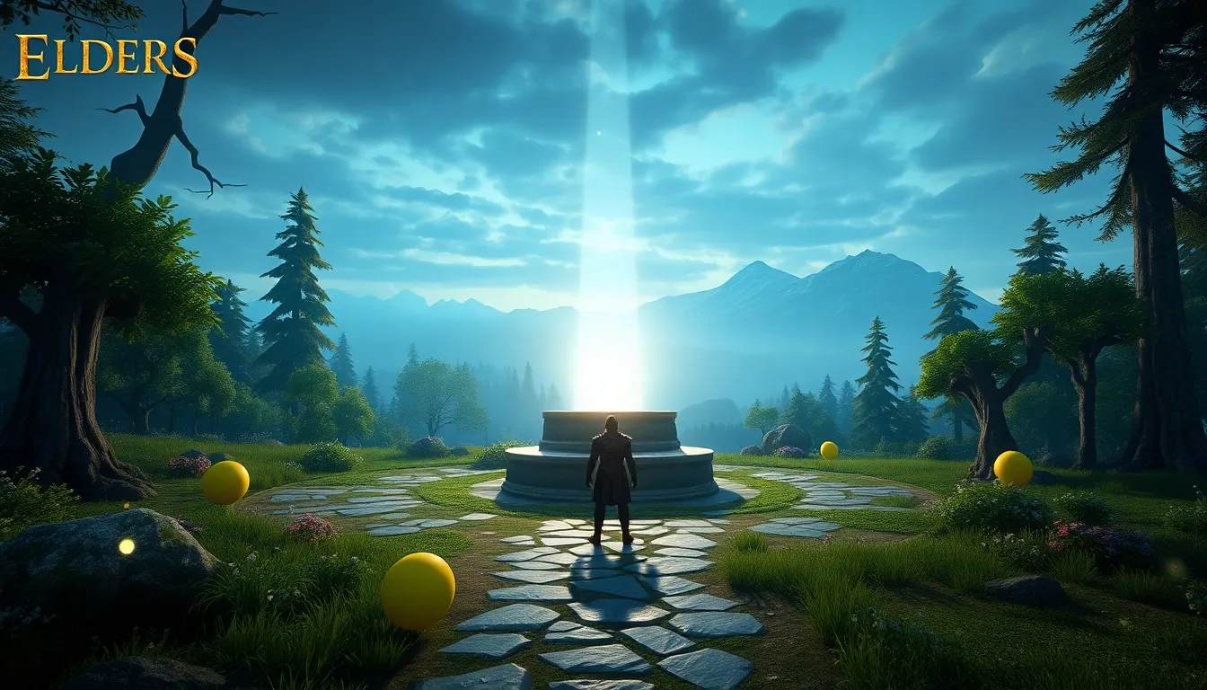 fantasy game location with a glowing altar in a mystical landscape.