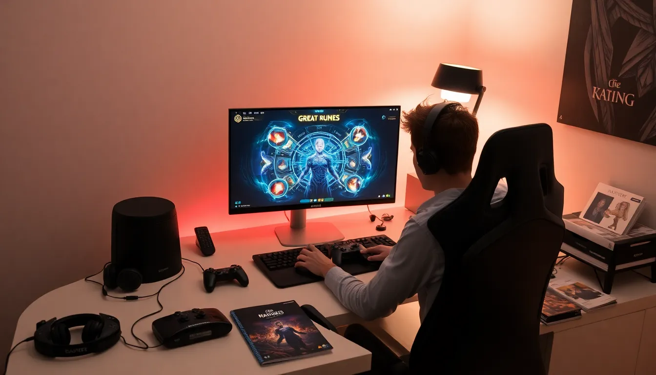 gamer engaged in a gameplay session with Great Runes on screen.