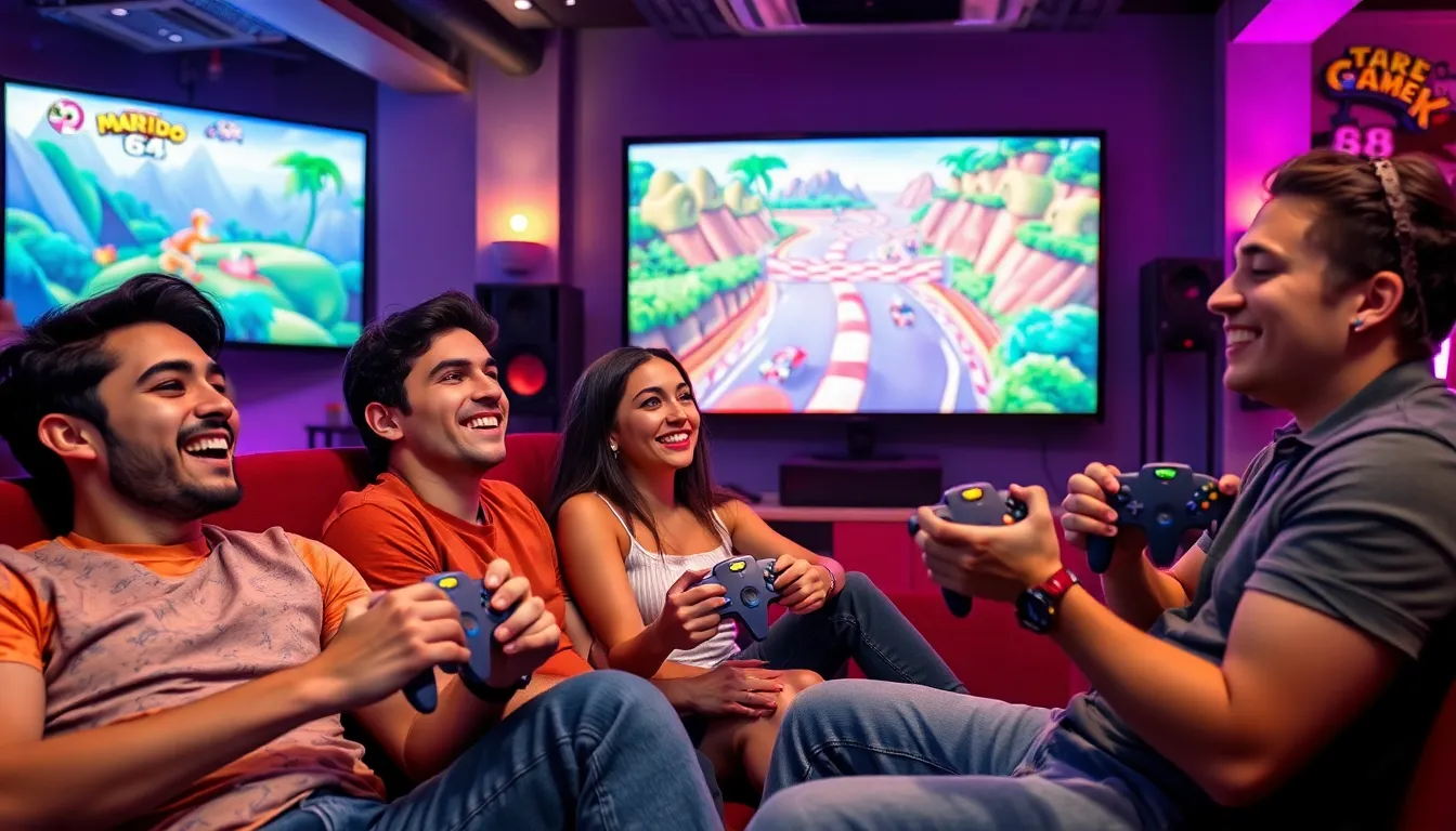 friends playing Nintendo 64 racing games in a vibrant gaming lounge.